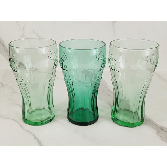 Coca Cola Libbey Drinking Glasses 17oz Embossed Logo 6" Retro Glass Green x3 - Picture 7 of 13